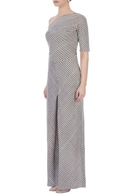 Buy_Urvashi Kaur_Beige Asymmetric Striped Jumpsuit _Online_at_Aza_Fashions