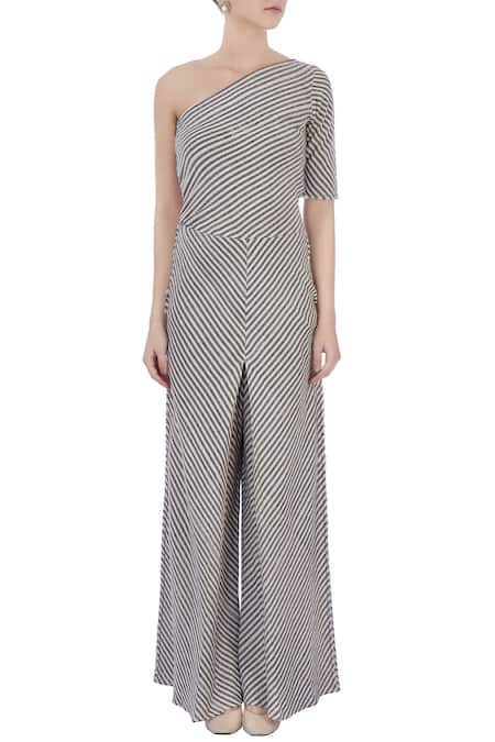 Shop_Urvashi Kaur_Beige Asymmetric Striped Jumpsuit _Online_at_Aza_Fashions
