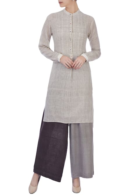 Urvashi Kaur Beige Handwoven Cotton Chequered Band Collar Tunic And Palazzo Set For Women