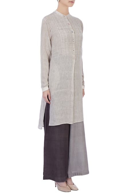 Urvashi Kaur_Beige Silk Linen, Handwoven Cotton Band Collar Chequered Tunic And Palazzo Set _Online_at_Aza_Fashions