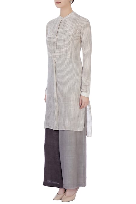 Buy_Urvashi Kaur_Beige Silk Linen, Handwoven Cotton Band Collar Chequered Tunic And Palazzo Set _Online_at_Aza_Fashions