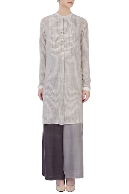 Shop_Urvashi Kaur_Beige Silk Linen, Handwoven Cotton Band Collar Chequered Tunic And Palazzo Set _Online_at_Aza_Fashions