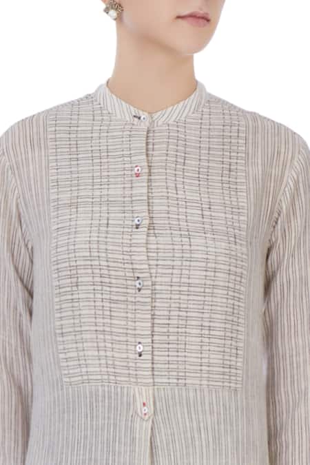 Urvashi Kaur_Beige Silk Linen, Handwoven Cotton Band Collar Chequered Tunic And Palazzo Set _at_Aza_Fashions