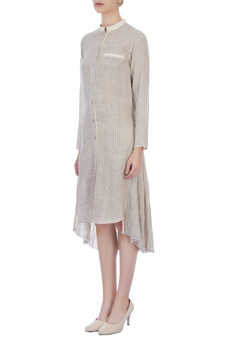 Buy_Urvashi Kaur_Beige Hand-woven Cotton Striped Mandarin Collar Asymmetrical Kurta _Online_at_Aza_Fashions