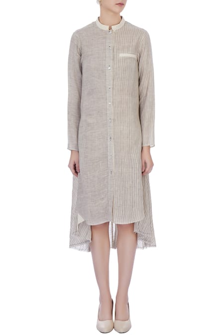Shop_Urvashi Kaur_Beige Hand-woven Cotton Striped Mandarin Collar Asymmetrical Kurta _Online_at_Aza_Fashions