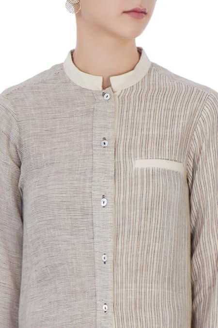 Urvashi Kaur_Beige Hand-woven Cotton Striped Mandarin Collar Asymmetrical Kurta _at_Aza_Fashions