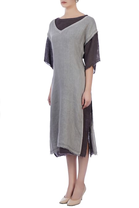 Buy_Urvashi Kaur_Grey Linen Boat Neck Oversized Tunic _Online_at_Aza_Fashions