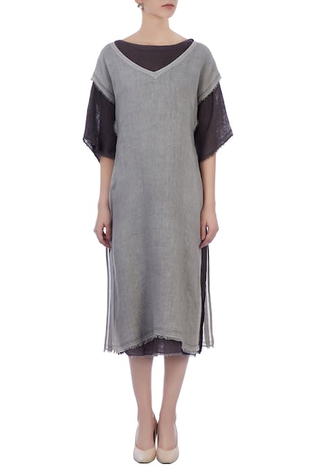 Shop_Urvashi Kaur_Grey Linen Boat Neck Oversized Tunic _Online_at_Aza_Fashions
