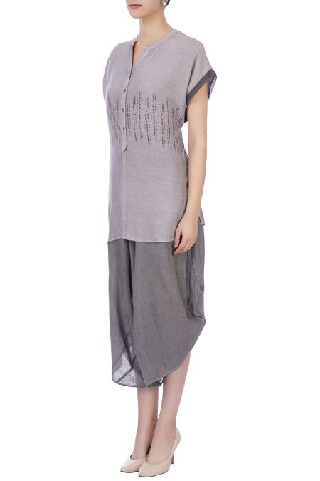 Buy_Urvashi Kaur_Grey Stripes Mandarin Collar Block Print Tunic And Pant Set _Online_at_Aza_Fashions