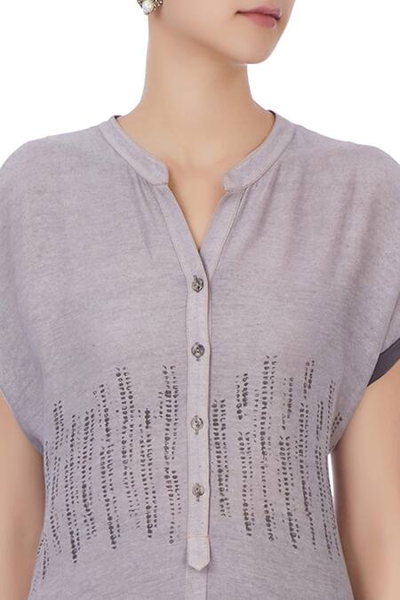 Urvashi Kaur_Grey Stripes Mandarin Collar Block Print Tunic And Pant Set _at_Aza_Fashions