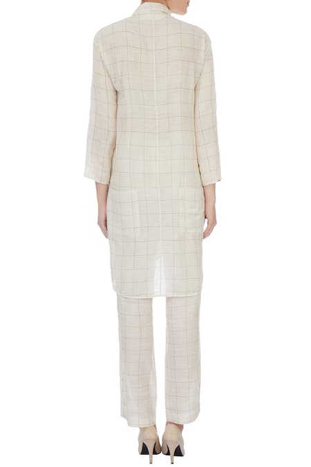 Shop Urvashi Kaur Beige Handwoven Cotton Checks Shirt Collar Gingham Print And Pant Set at Aza Fashions Shop_Urvashi Kaur_Beige Handwoven Cotton Checks Shirt Collar Gingham Print And Pant Set _at_Aza_Fashions