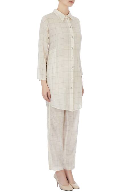 Urvashi Kaur Beige Handwoven Cotton Checks Shirt Collar Gingham Print And Pant Set Online at Aza Fashions Urvashi Kaur_Beige Handwoven Cotton Checks Shirt Collar Gingham Print And Pant Set _Online_at_Aza_Fashions