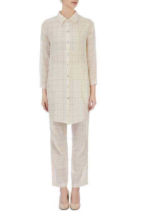 Shop Urvashi Kaur Beige Handwoven Cotton Checks Shirt Collar Gingham Print And Pant Set Online at Aza Fashions Shop_Urvashi Kaur_Beige Handwoven Cotton Checks Shirt Collar Gingham Print And Pant Set _Online_at_Aza_Fashions