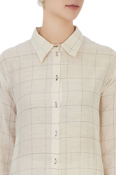 Urvashi Kaur Beige Handwoven Cotton Checks Shirt Collar Gingham Print And Pant Set at Aza Fashions Urvashi Kaur_Beige Handwoven Cotton Checks Shirt Collar Gingham Print And Pant Set _at_Aza_Fashions