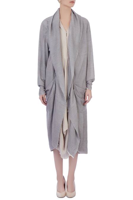 Shop_Urvashi Kaur_Grey Silk Linen, Organic Handwoven Cotton Checks Round Neck Crinkle Jacket _Online_at_Aza_Fashions