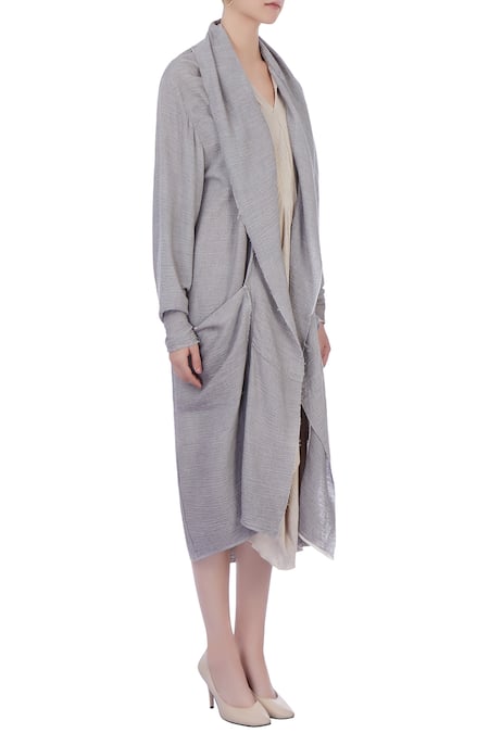 Urvashi Kaur_Grey Silk Linen, Organic Handwoven Cotton Checks Round Neck Crinkle Jacket _Online_at_Aza_Fashions