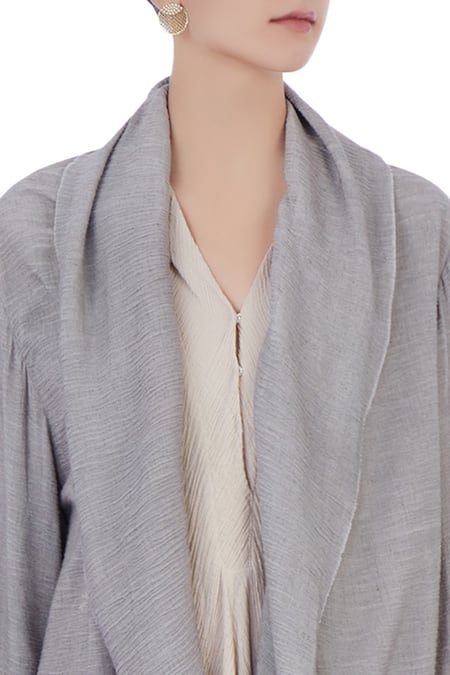 Urvashi Kaur_Grey Silk Linen, Organic Handwoven Cotton Checks Round Neck Crinkle Jacket _at_Aza_Fashions
