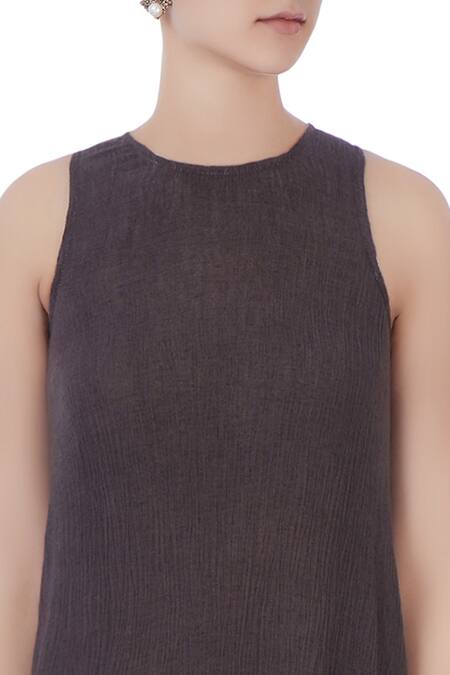 Urvashi Kaur_Black Crinkle Cotton Na Round Neck Asymmetric Dress _at_Aza_Fashions