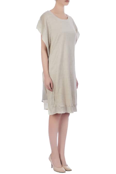 Urvashi Kaur_Grey Silk Linen, Organic Handwoven Cotton Checks Round Neck Dress _Online_at_Aza_Fashions