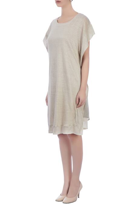 Buy_Urvashi Kaur_Grey Silk Linen, Organic Handwoven Cotton Checks Round Neck Dress _Online_at_Aza_Fashions