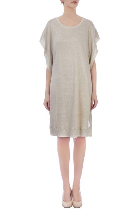 Shop_Urvashi Kaur_Grey Silk Linen, Organic Handwoven Cotton Checks Round Neck Dress _Online_at_Aza_Fashions