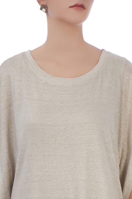 Urvashi Kaur_Grey Silk Linen, Organic Handwoven Cotton Checks Round Neck Dress _at_Aza_Fashions