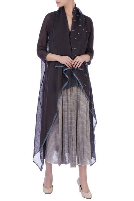 Urvashi Kaur Grey Organic Handwoven Wool V Neck Asymmetric Jacket And Palazzo Set For Women