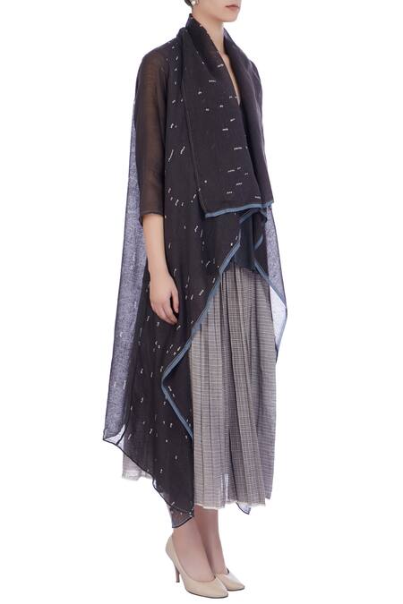 Urvashi Kaur_Grey Silk, Organic Wool V Asymmetric Jacket And Palazzo Set _Online_at_Aza_Fashions