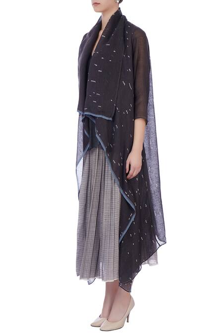 Buy_Urvashi Kaur_Grey Silk, Organic Wool V Asymmetric Jacket And Palazzo Set _Online_at_Aza_Fashions