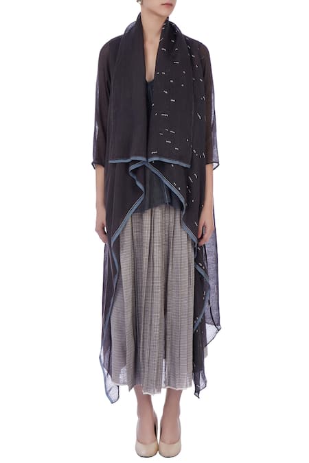 Shop_Urvashi Kaur_Grey Silk, Organic Wool V Asymmetric Jacket And Palazzo Set _Online_at_Aza_Fashions
