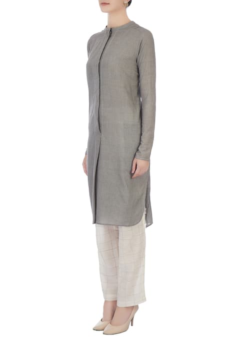 Buy_Urvashi Kaur_White Handwoven Cotton Gingham Checks Round Tunic And Chequered Pant Set _Online_at_Aza_Fashions