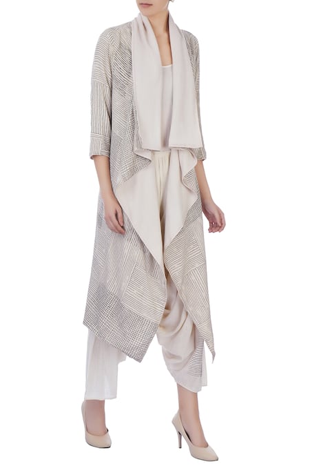 Urvashi Kaur Grey Organic Handwoven Cotton Printed Stripes Jacket And Pant Set  