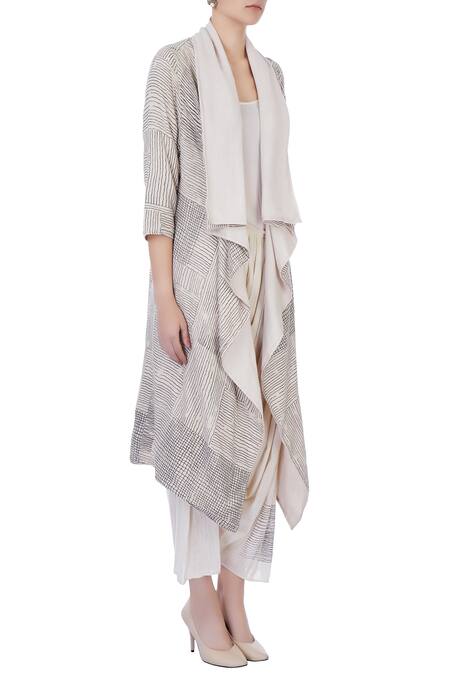 Urvashi Kaur Grey Organic Handwoven Cotton Stripes Jacket And Pant Set Online at Aza Fashions Urvashi Kaur_Grey Organic Handwoven Cotton Stripes Jacket And Pant Set _Online_at_Aza_Fashions
