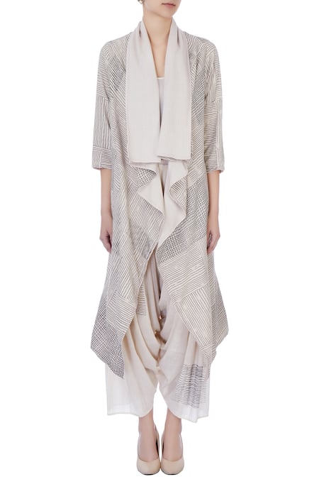 Shop Urvashi Kaur Grey Organic Handwoven Cotton Stripes Jacket And Pant Set Online at Aza Fashions Shop_Urvashi Kaur_Grey Organic Handwoven Cotton Stripes Jacket And Pant Set _Online_at_Aza_Fashions
