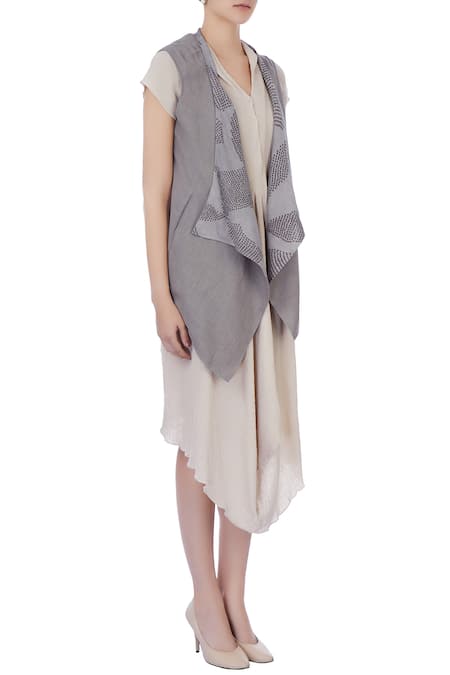 Urvashi Kaur_Grey Organic Handwoven Cotton Shibori Tie Dye Jacket _Online_at_Aza_Fashions