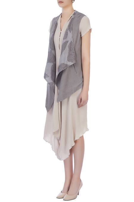 Buy_Urvashi Kaur_Grey Organic Handwoven Cotton Shibori Tie Dye Jacket _Online_at_Aza_Fashions