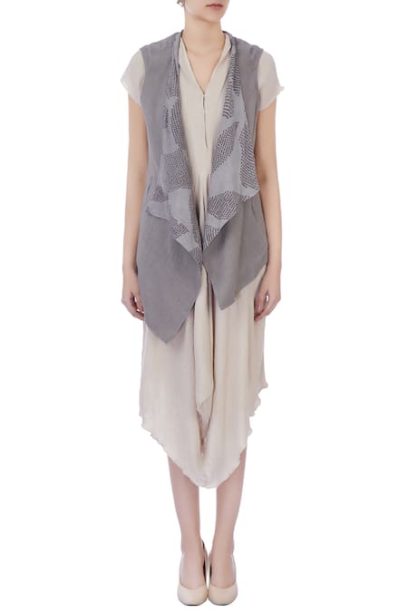 Shop_Urvashi Kaur_Grey Organic Handwoven Cotton Shibori Tie Dye Jacket _Online_at_Aza_Fashions