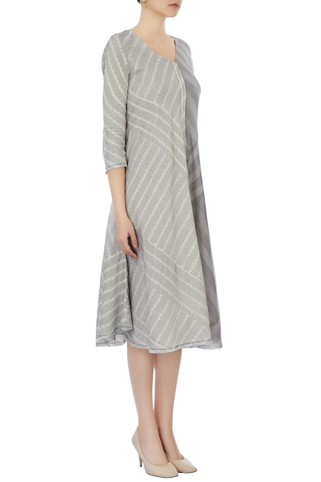 Urvashi Kaur Grey Organic Handwoven Cotton Stripes Dress Online at Aza Fashions Urvashi Kaur_Grey Organic Handwoven Cotton Stripes Dress _Online_at_Aza_Fashions