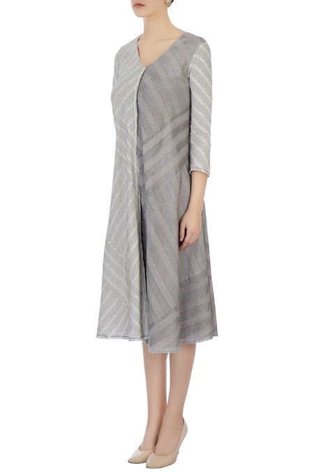 Buy Urvashi Kaur Grey Organic Handwoven Cotton Stripes Dress Online at Aza Fashions Buy_Urvashi Kaur_Grey Organic Handwoven Cotton Stripes Dress _Online_at_Aza_Fashions