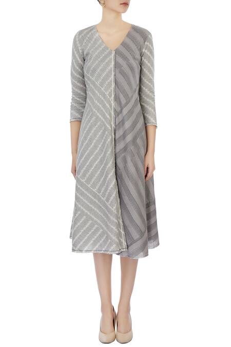 Shop Urvashi Kaur Grey Organic Handwoven Cotton Stripes Dress Online at Aza Fashions Shop_Urvashi Kaur_Grey Organic Handwoven Cotton Stripes Dress _Online_at_Aza_Fashions