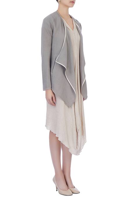 Urvashi Kaur_Grey Organic Handwoven Cotton Plain Asymmetric Front Open Jacket _Online_at_Aza_Fashions