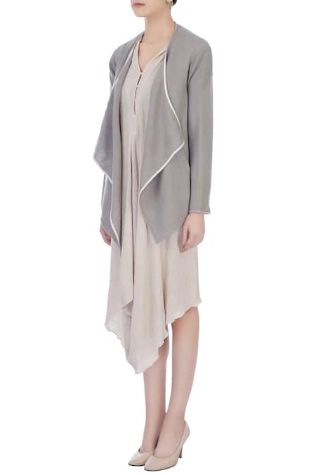 Buy_Urvashi Kaur_Grey Organic Handwoven Cotton Plain Asymmetric Front Open Jacket _Online_at_Aza_Fashions