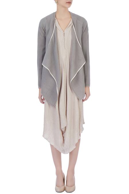 Shop_Urvashi Kaur_Grey Organic Handwoven Cotton Plain Asymmetric Front Open Jacket _Online_at_Aza_Fashions