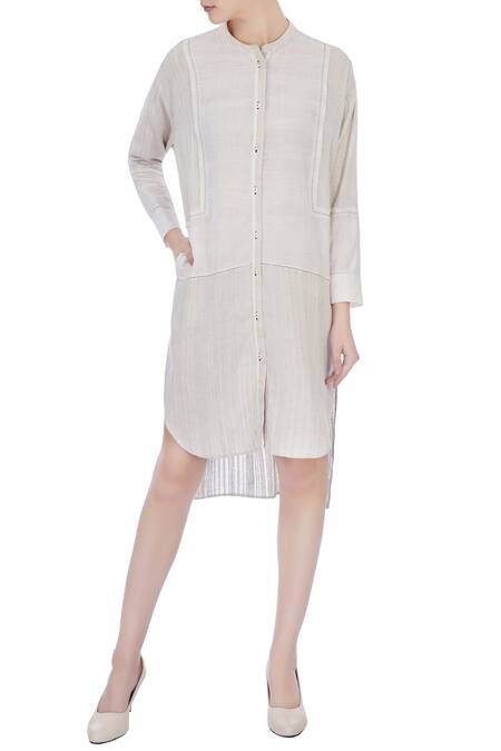 Urvashi Kaur Grey Organic Handwoven Cotton Stitch Mandarin Collar Dress For Women