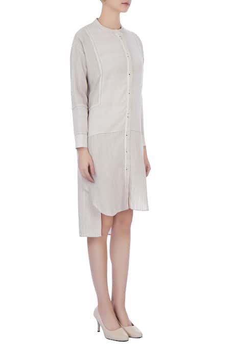 Urvashi Kaur Grey Organic Handwoven Cotton Stitch Mandarin Collar Dress Online at Aza Fashions Urvashi Kaur_Grey Organic Handwoven Cotton Stitch Mandarin Collar Dress _Online_at_Aza_Fashions