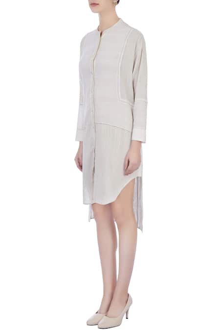 Buy Urvashi Kaur Grey Organic Handwoven Cotton Stitch Mandarin Collar Dress Online at Aza Fashions Buy_Urvashi Kaur_Grey Organic Handwoven Cotton Stitch Mandarin Collar Dress _Online_at_Aza_Fashions