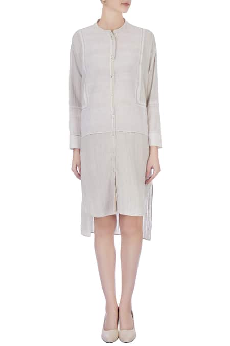 Shop Urvashi Kaur Grey Organic Handwoven Cotton Stitch Mandarin Collar Dress Online at Aza Fashions Shop_Urvashi Kaur_Grey Organic Handwoven Cotton Stitch Mandarin Collar Dress _Online_at_Aza_Fashions