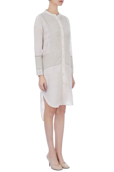 Urvashi Kaur Grey Organic Handwoven Cotton Stitch Mandarin Collar Dress Online at Aza Fashions Urvashi Kaur_Grey Organic Handwoven Cotton Stitch Mandarin Collar Dress _Online_at_Aza_Fashions