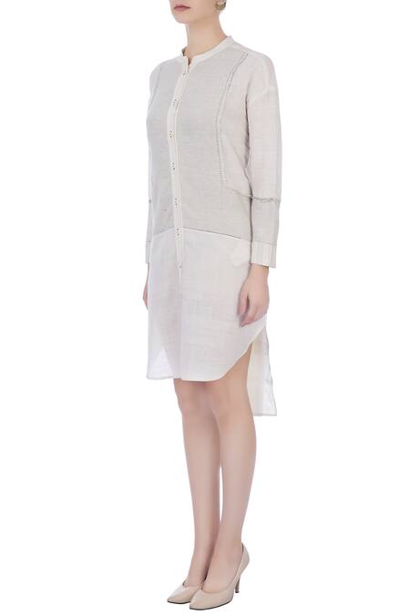 Buy Urvashi Kaur Grey Organic Handwoven Cotton Stitch Mandarin Collar Dress Online at Aza Fashions Buy_Urvashi Kaur_Grey Organic Handwoven Cotton Stitch Mandarin Collar Dress _Online_at_Aza_Fashions