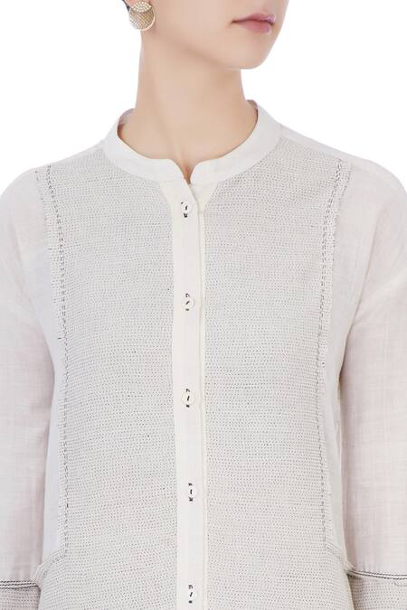 Urvashi Kaur Grey Organic Handwoven Cotton Stitch Mandarin Collar Dress at Aza Fashions Urvashi Kaur_Grey Organic Handwoven Cotton Stitch Mandarin Collar Dress _at_Aza_Fashions